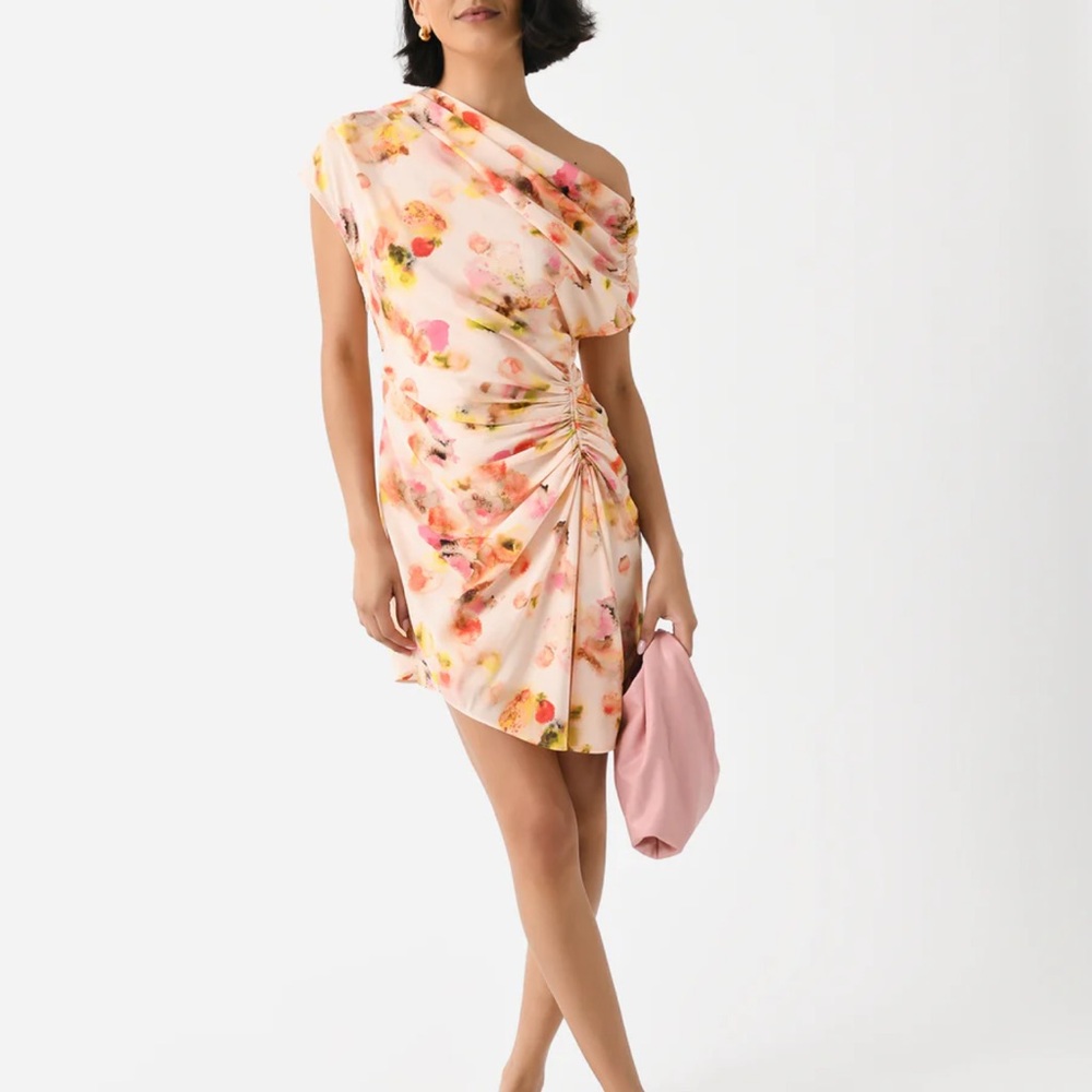 A.L.C. One Shoulder Floral Dress in Pink and Orange
